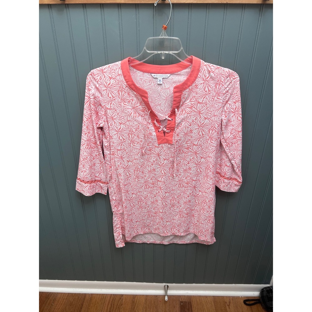 Southern Tide XS Top Pink White Floral 3/4 Sleeve Lace Up Neck Blouse